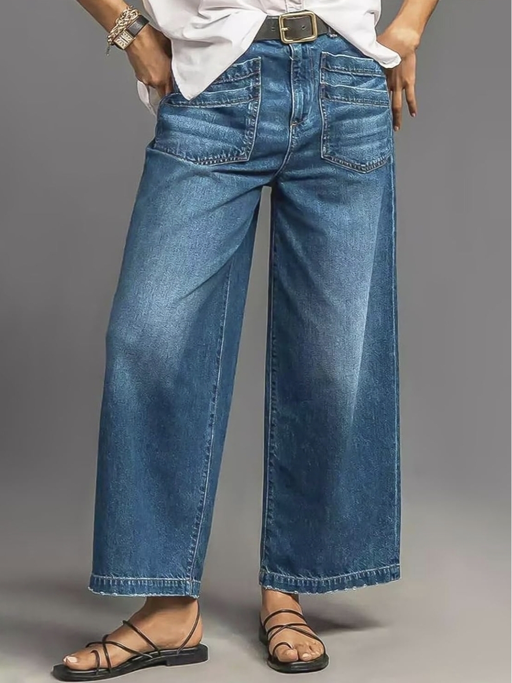 Flamingals Barrel Wide Leg Ankle-Length Jeans in Medium Blue